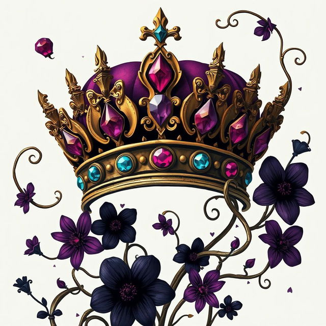 A stylized, non-realistic depiction of a regal crown, intricately designed with exaggerated features, surrounded by whimsical vines and dark, fantastical flowers