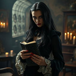 A beautiful vampire with long black hair, dressed in elegant vintage clothing