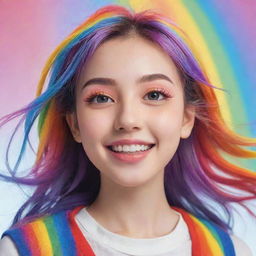 A lively anime-style girl, her bright, cheerful features cascading with all the vibrant hues of a rainbow, radiating a feeling of joy and positivity.