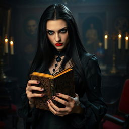 A beautiful vampire with long black hair, dressed in elegant vintage clothing