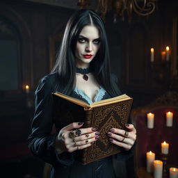 A beautiful vampire with long black hair, dressed in elegant vintage clothing