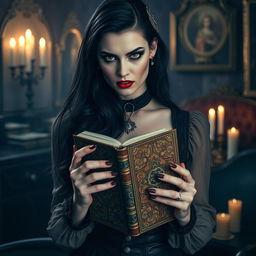 A beautiful vampire with long black hair, dressed in elegant vintage clothing