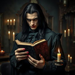 A handsome male vampire with long black hair, dressed in elegant vintage clothing