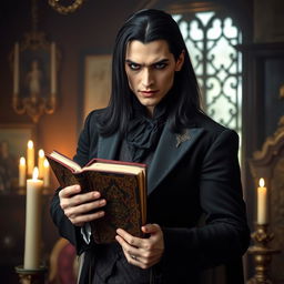 A handsome male vampire with long black hair, dressed in elegant vintage clothing