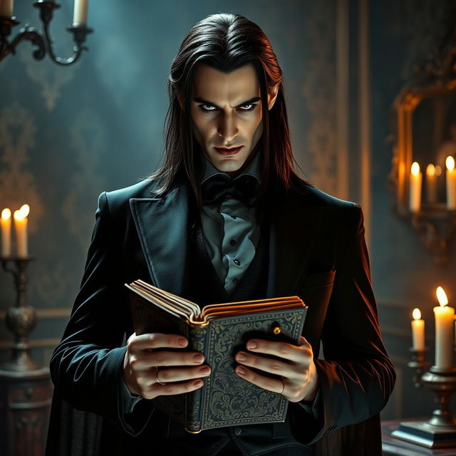 A handsome male vampire with long black hair, dressed in elegant vintage clothing