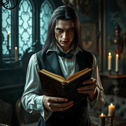 A handsome male vampire with long black hair, dressed in elegant vintage clothing