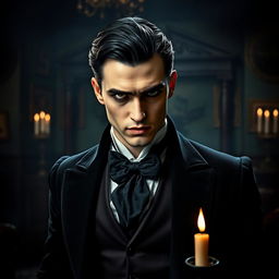 A handsome male vampire with short black hair, dressed in elegant vintage clothing