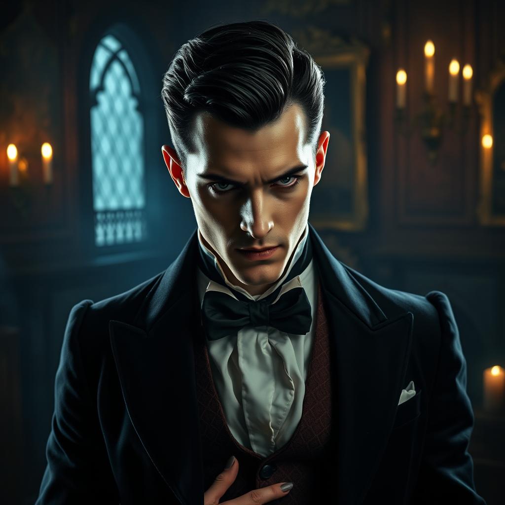 A handsome male vampire with short black hair, dressed in elegant vintage clothing