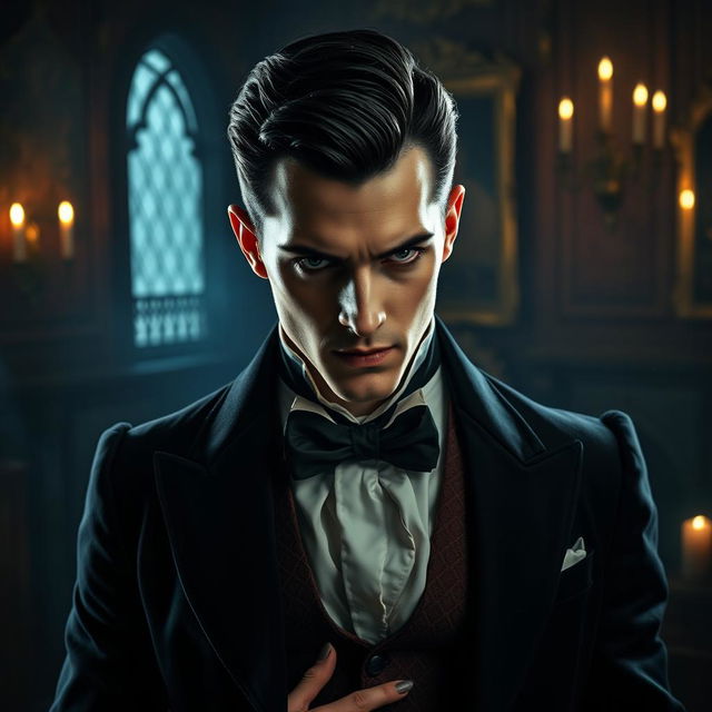 A handsome male vampire with short black hair, dressed in elegant vintage clothing