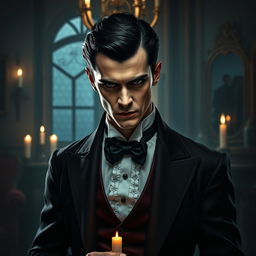 A handsome male vampire with short black hair, dressed in elegant vintage clothing