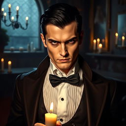 A handsome male vampire with short black hair, dressed in elegant vintage clothing