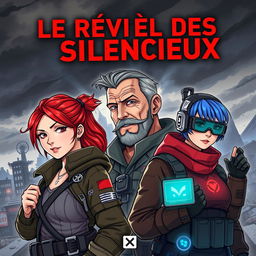 Cover art for "Le Réveil des Silencieux", featuring the main characters Lena Raikov, Kai, and Jenna