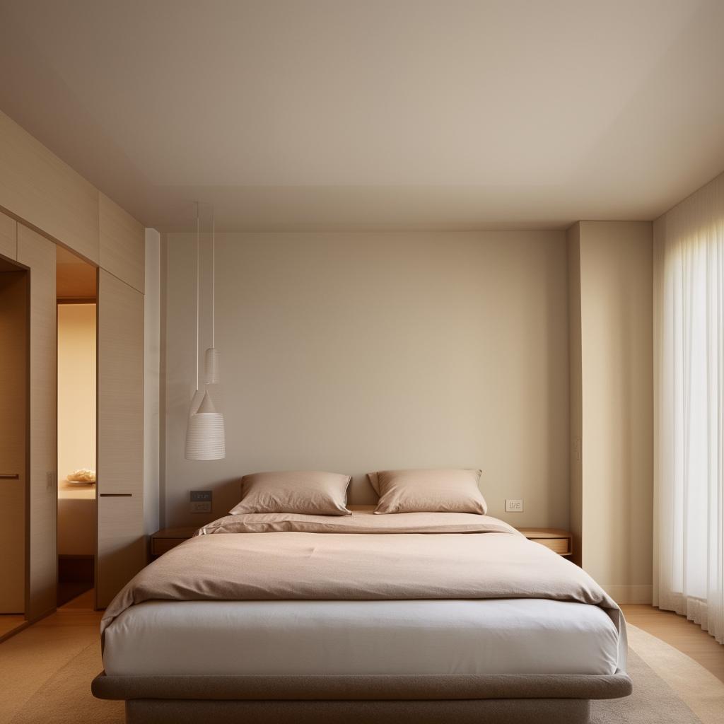 A minimalist yet elegant bedroom design with high-quality furnishings, soothing color palette, and optimal lighting