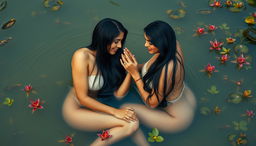 Two stunning Indian ladies in their mid-30s, completely nude with long black hair, ample breasts, and slim waists, are seated in the shallow water of a serene wildlife pond