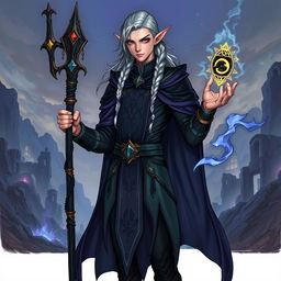 A full-body illustration of a male elf warlock character from Dungeons and Dragons, showcasing his slender and elegant form