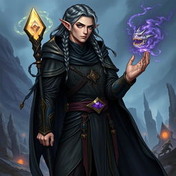 A full-body illustration of a male elf warlock character from Dungeons and Dragons, showcasing his slender and elegant form