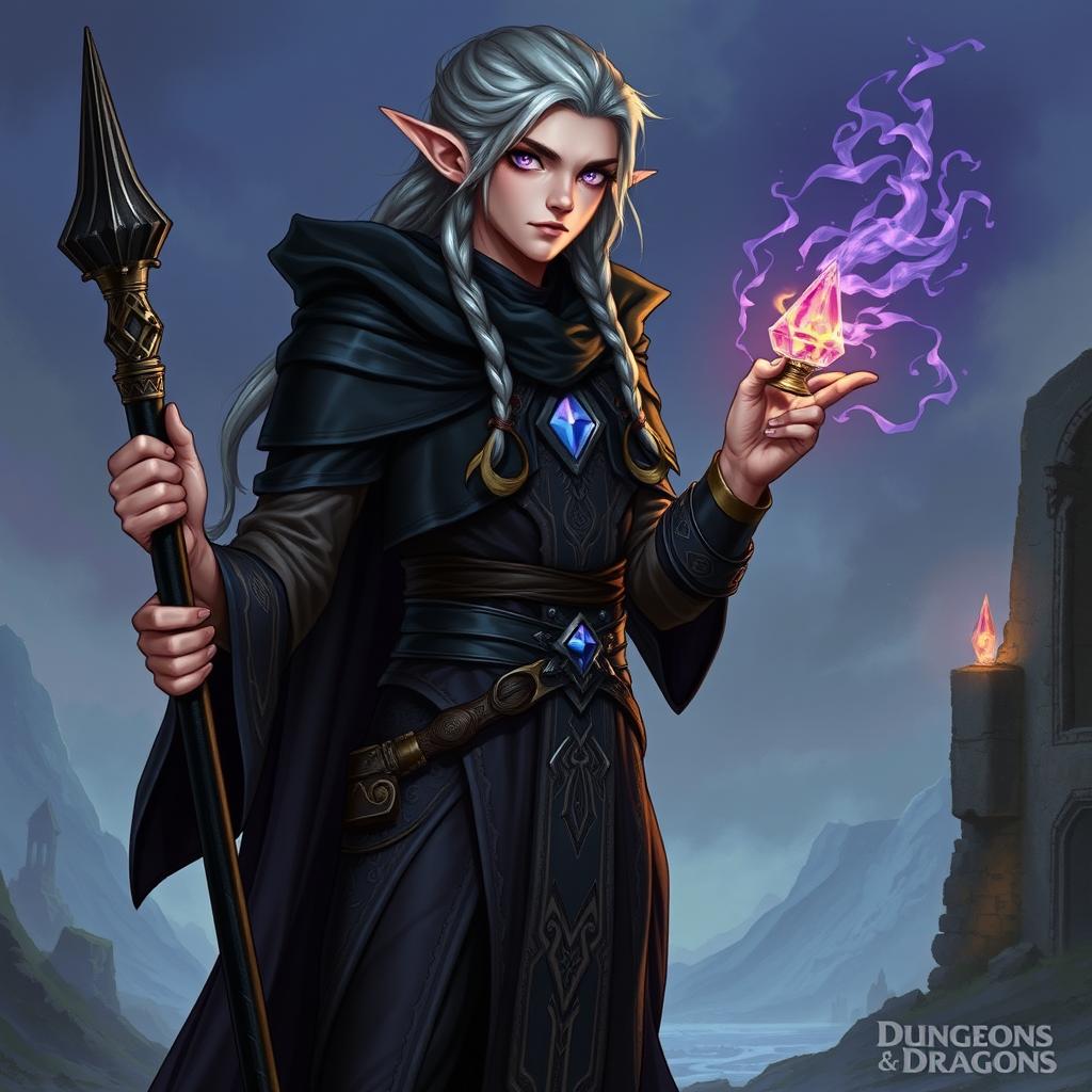 A full-body illustration of a male elf warlock character from Dungeons and Dragons, showcasing his slender and elegant form