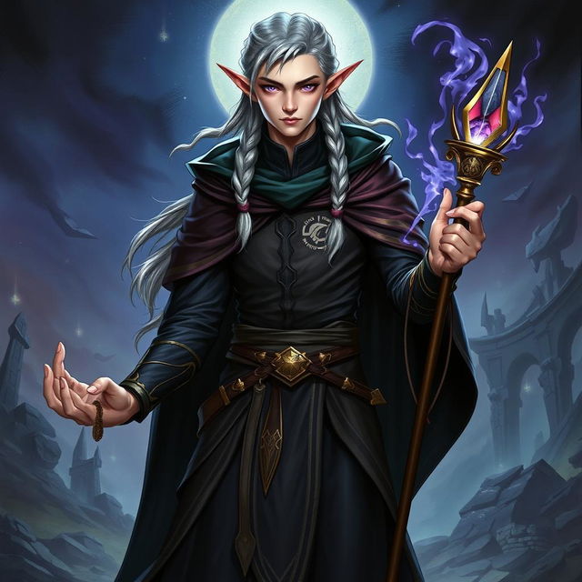 A full-body illustration of a male elf warlock character from Dungeons and Dragons, showcasing his slender and elegant form