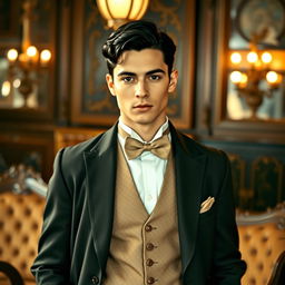 A handsome man with striking black hair, dressed in vintage clothing from the 1920s, standing confidently in an elegant, historically-themed setting