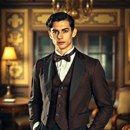 A handsome man with striking black hair, dressed in vintage clothing from the 1920s, standing confidently in an elegant, historically-themed setting