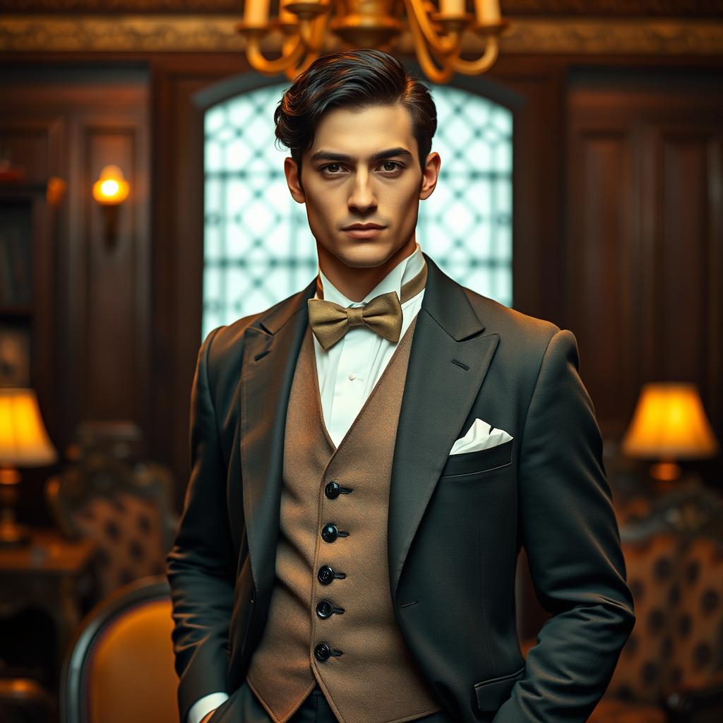 A handsome man with striking black hair, dressed in vintage clothing from the 1920s, standing confidently in an elegant, historically-themed setting