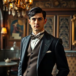 A handsome man with striking black hair, dressed in vintage clothing from the 1920s, standing confidently in an elegant, historically-themed setting