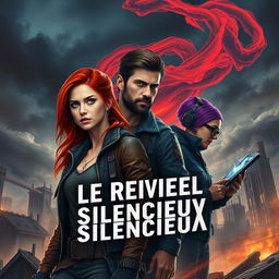 A captivating book cover design for "Le Réveil des Silencieux", featuring Lena Raikov, a fierce young woman with fiery red hair and determined blue eyes, dressed in a rugged outfit symbolizing rebellion against a tyrannical regime