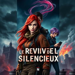 A captivating book cover design for "Le Réveil des Silencieux", featuring Lena Raikov, a fierce young woman with fiery red hair and determined blue eyes, dressed in a rugged outfit symbolizing rebellion against a tyrannical regime