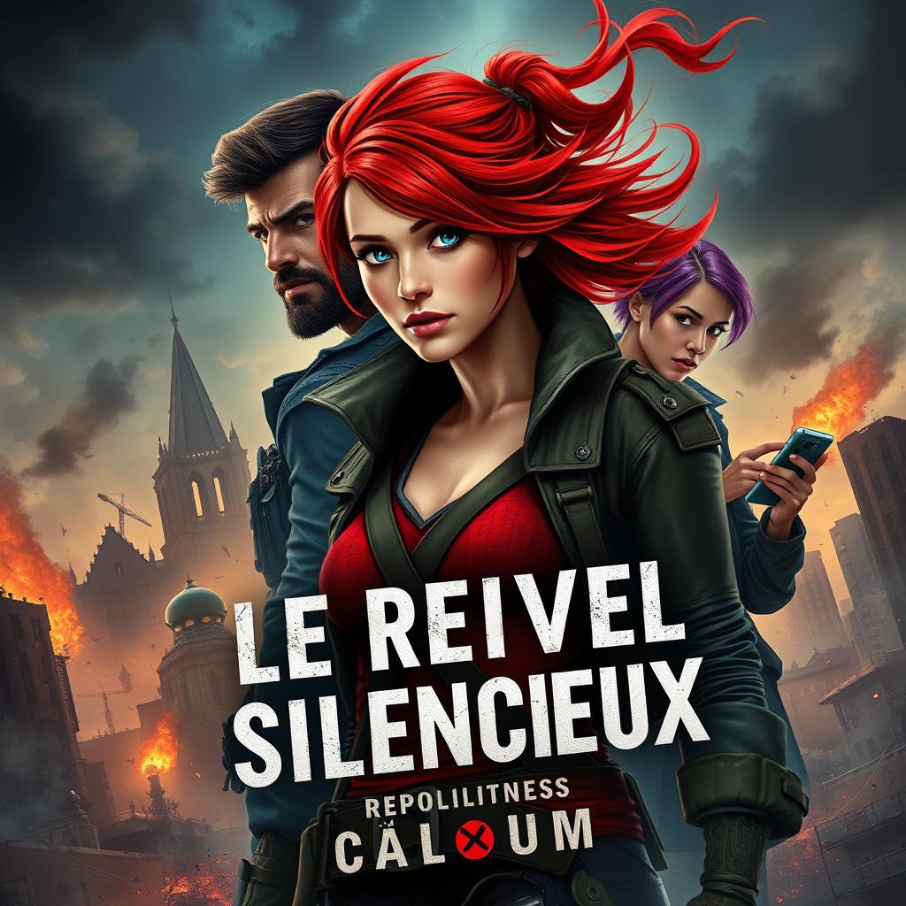 A captivating book cover design for "Le Réveil des Silencieux", featuring Lena Raikov, a fierce young woman with fiery red hair and determined blue eyes, dressed in a rugged outfit symbolizing rebellion against a tyrannical regime