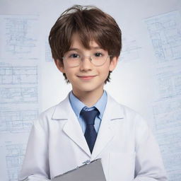 A youthful anime-style boy with bright eyes and an intelligent smile. He's wearing an engineer's outfit consisting of a white lab coat and safety glasses, and he's holding technical blueprints and tools.