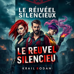 A captivating book cover design for "Le Réveil des Silencieux", featuring Lena Raikov, a fierce young woman with fiery red hair and determined blue eyes, dressed in a rugged outfit symbolizing rebellion against a tyrannical regime