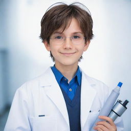 A youthful anime-style boy with bright eyes and an intelligent smile. He's wearing an engineer's outfit consisting of a white lab coat and safety glasses, and he's holding technical blueprints and tools.