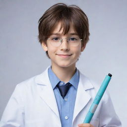 A youthful anime-style boy with bright eyes and an intelligent smile. He's wearing an engineer's outfit consisting of a white lab coat and safety glasses, and he's holding technical blueprints and tools.