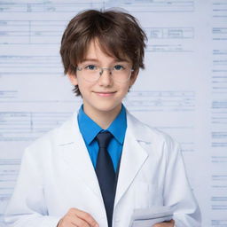 A youthful anime-style boy with bright eyes and an intelligent smile. He's wearing an engineer's outfit consisting of a white lab coat and safety glasses, and he's holding technical blueprints and tools.