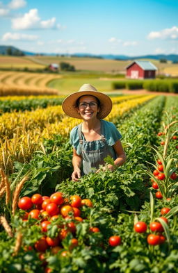 A vibrant agricultural landscape showcasing lush green fields dotted with diverse crops, including golden wheat, ripe tomatoes, and corn stalks swaying in the breeze