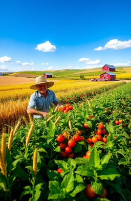 A vibrant agricultural landscape showcasing lush green fields dotted with diverse crops, including golden wheat, ripe tomatoes, and corn stalks swaying in the breeze