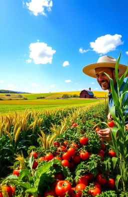 A vibrant agricultural landscape showcasing lush green fields dotted with diverse crops, including golden wheat, ripe tomatoes, and corn stalks swaying in the breeze