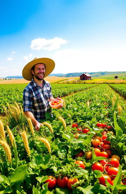 A vibrant agricultural landscape showcasing lush green fields dotted with diverse crops, including golden wheat, ripe tomatoes, and corn stalks swaying in the breeze