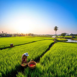 A picturesque agricultural scene in Bangladesh, depicting a vibrant landscape with lush green rice paddies reflecting the clear blue sky