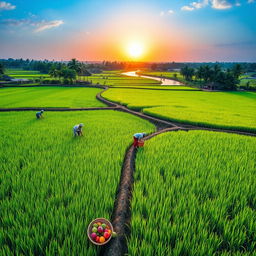 A picturesque agricultural scene in Bangladesh, depicting a vibrant landscape with lush green rice paddies reflecting the clear blue sky