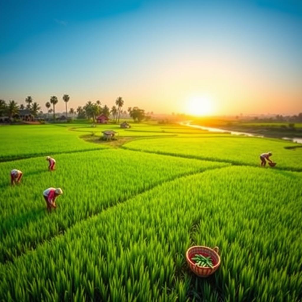 A picturesque agricultural scene in Bangladesh, depicting a vibrant landscape with lush green rice paddies reflecting the clear blue sky