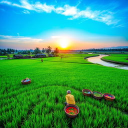 A picturesque agricultural scene in Bangladesh, depicting a vibrant landscape with lush green rice paddies reflecting the clear blue sky