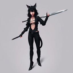 An attractive feminine man with striking black hair, adorned with bold black cat ears and a matching black tail