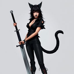 An attractive feminine man with striking black hair, adorned with bold black cat ears and a matching black tail