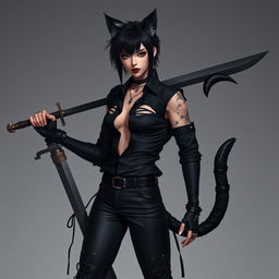 An attractive feminine man with striking black hair, adorned with bold black cat ears and a matching black tail