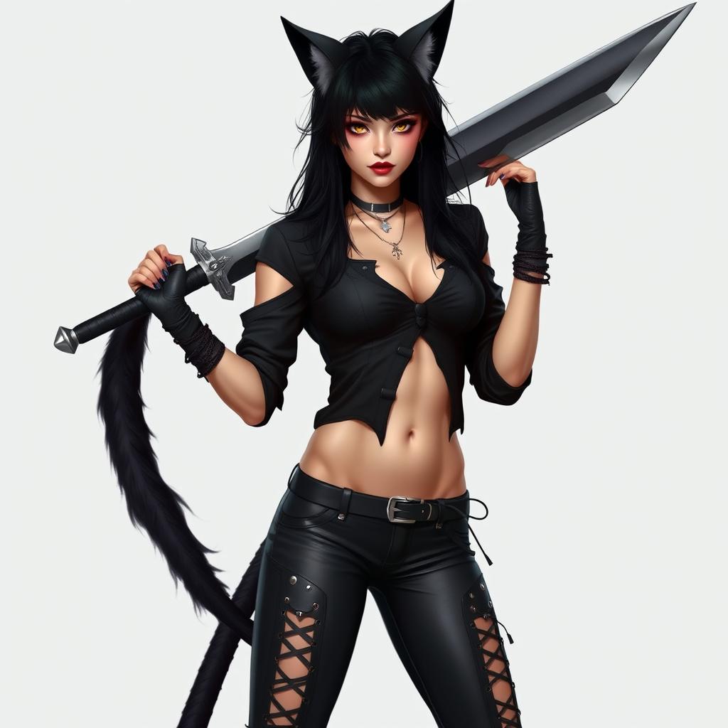 An attractive feminine man with striking black hair, adorned with bold black cat ears and a matching black tail