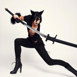 An attractive androgynous man with sleek black hair, sporting distinctive black cat ears and a matching fluffy black tail