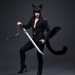 An attractive androgynous man with sleek black hair, sporting distinctive black cat ears and a matching fluffy black tail