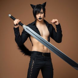 An attractive androgynous man with sleek black hair, sporting distinctive black cat ears and a matching fluffy black tail