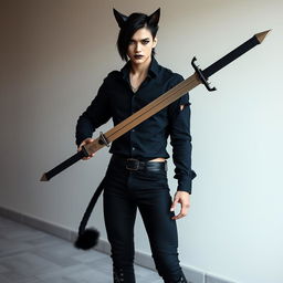 An attractive androgynous man with sleek black hair, sporting distinctive black cat ears and a matching fluffy black tail